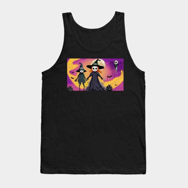 Two skeleton witches standing next to each other in front of a full moon Tank Top by Tee Trendz